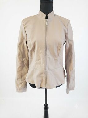 Baccini Beige Peplum Zip-Front Leather Jacket